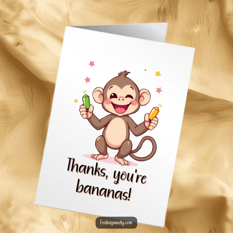 Funny Free Printable Monkey Thank You Card: A monkey juggling party poppers to express thanks