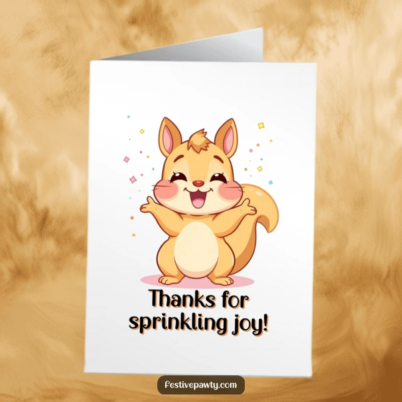 Funny Free Printable Thank You Card showing a joyous squirrel tossing glitter, a whimsical way to say thanks.