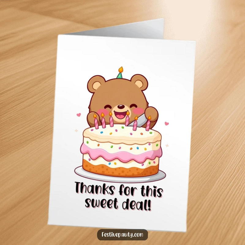 Funny Free Printable Thank You Card: A cheerful bear happily slicing into a large cake, symbolizing a sweet and heartfelt thank you.