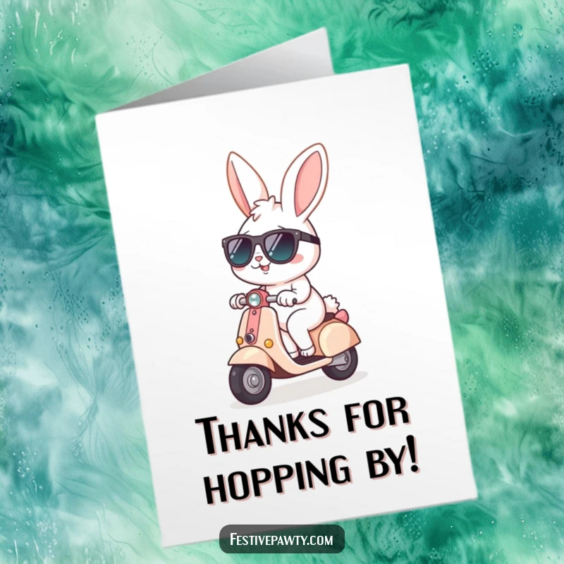 Funny Free Printable Thank You Card: A cheerful bunny in sunglasses rides a tiny scooter, delivering thanks with style.