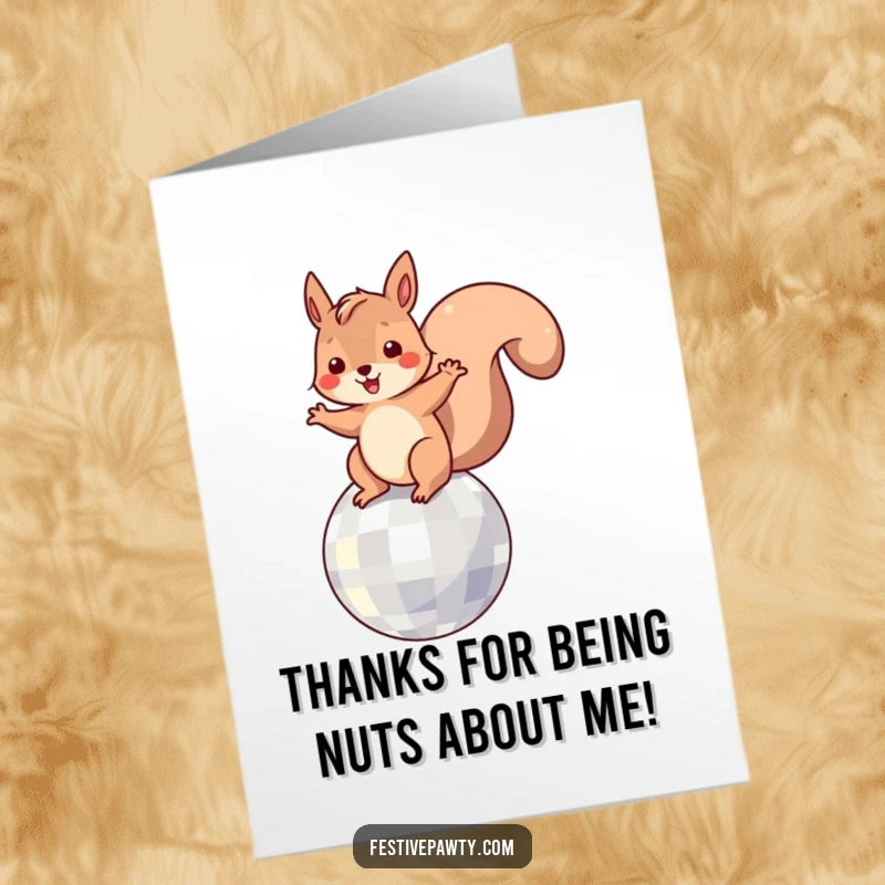 Funny Free Printable Thank You Card: A squirrel in mid-dance pose on a disco ball, sending thanks.