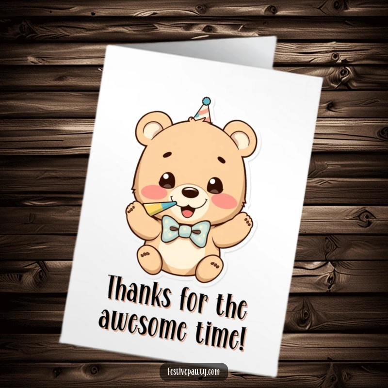 Funny Free Printable Thank You Card: Happy bear cub in bowtie blows a party horn, expressing heartfelt thanks.
