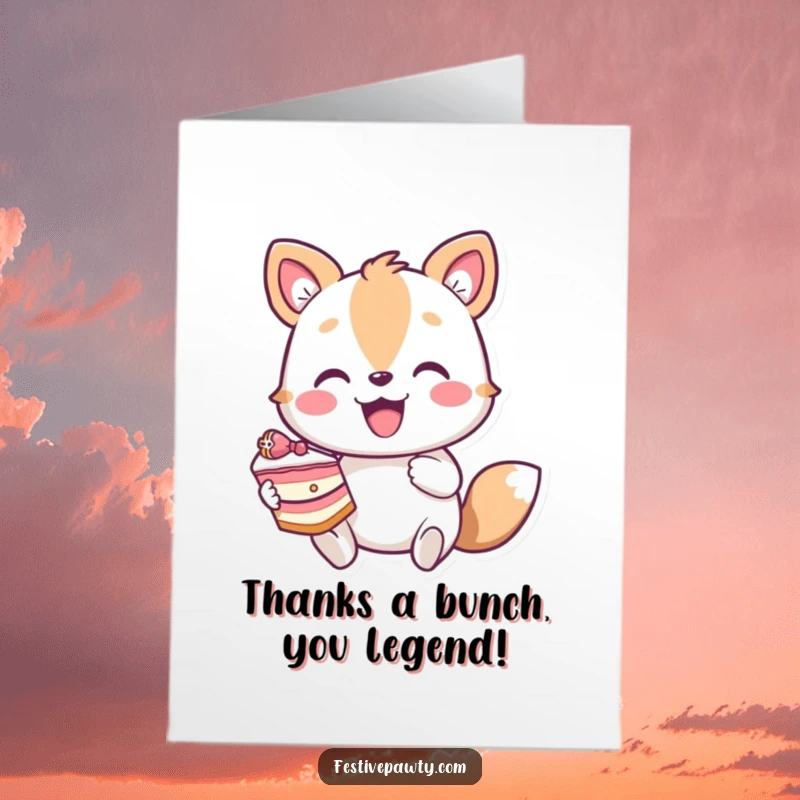 Funny Free Printable Thank You Card with a grateful animal character eagerly presenting a delicious slice of cake.