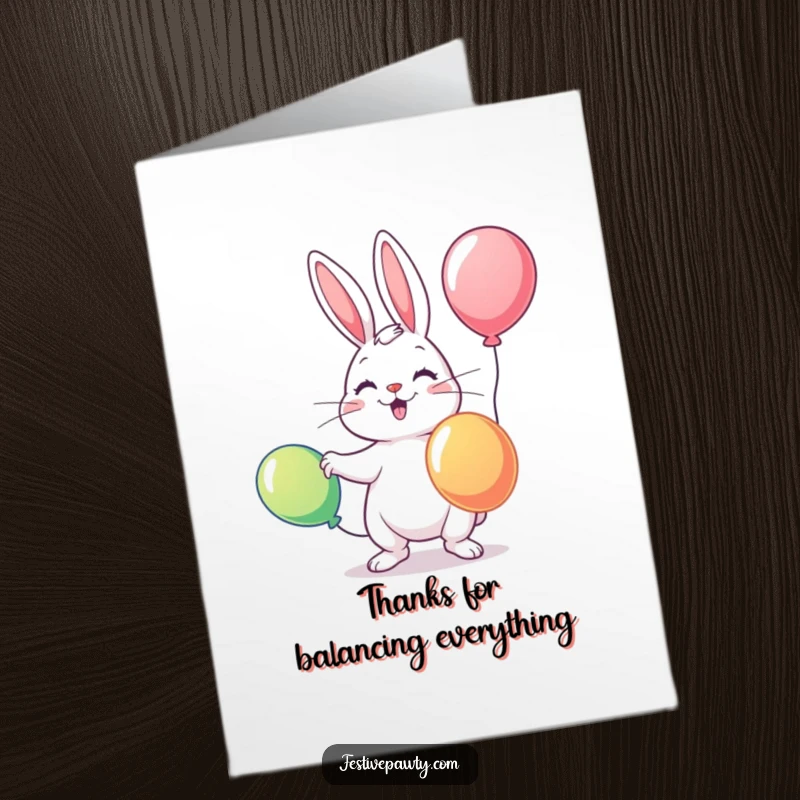 Funny free printable thank you card featuring a cute rabbit character expertly juggling colorful balloons, conveying playful gratitude.