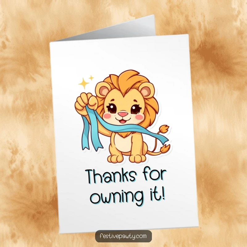 Funny Free Printable Thank You Card: A triumphant lion raises a paw holding a sparkling ribbon, expressing thanks.