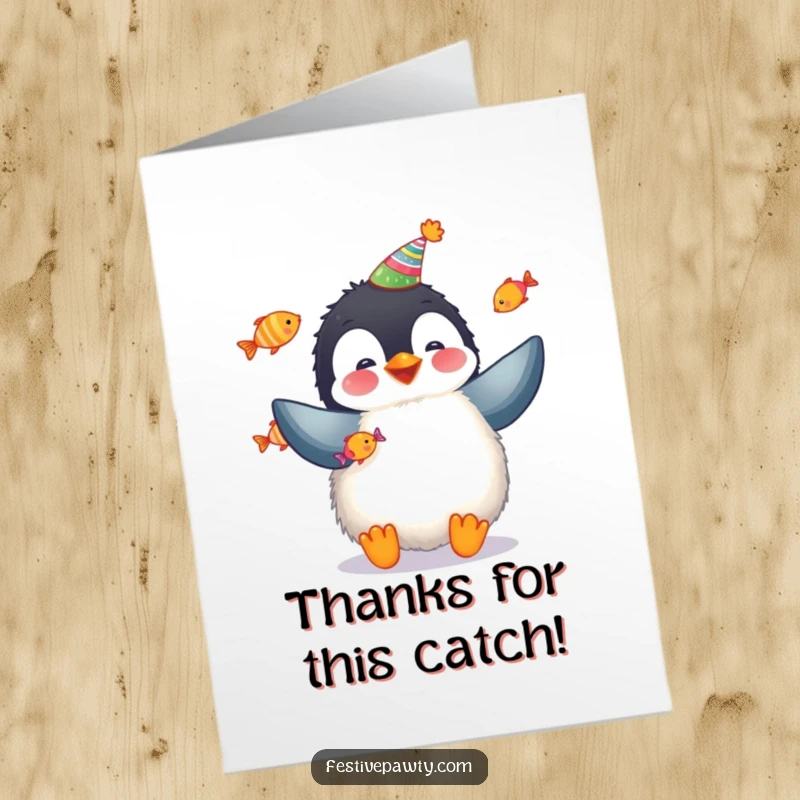 Funny free printable thank you card: a penguin in a party hat juggles fish, showing gratitude humorously.