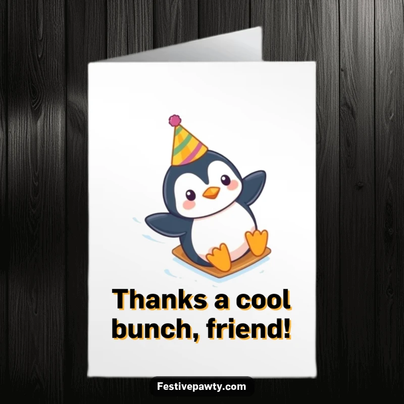 Funny Free Printable Thank You Card: A penguin in a party hat sliding happily, expressing thanks, a downloadable gift.