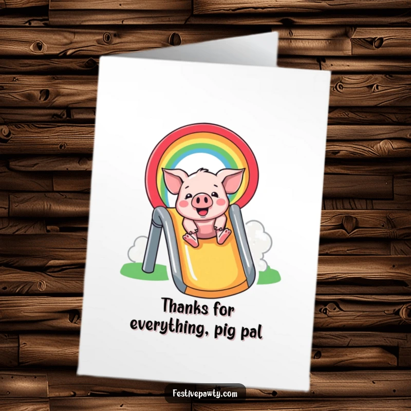 Funny Free Printable Thank You Card: A happy pig slides down a rainbow, conveying heartfelt thanks with humor.