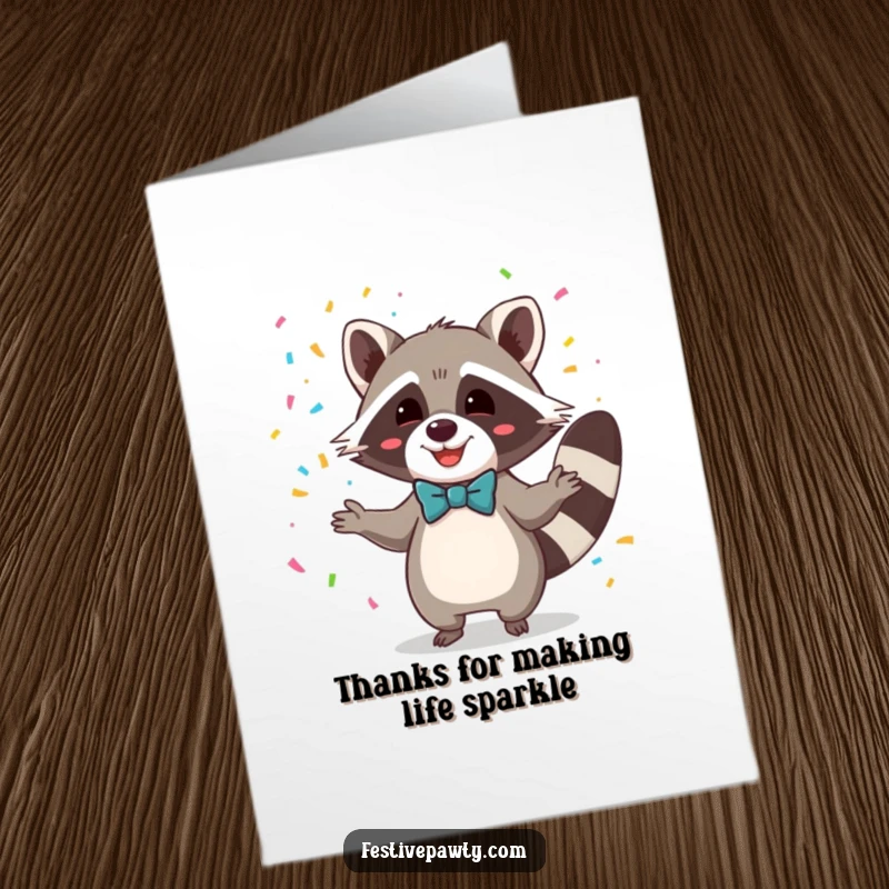 Funny free printable thank you card depicting a delighted raccoon in a bowtie juggling colorful confetti, expressing heartfelt thanks.