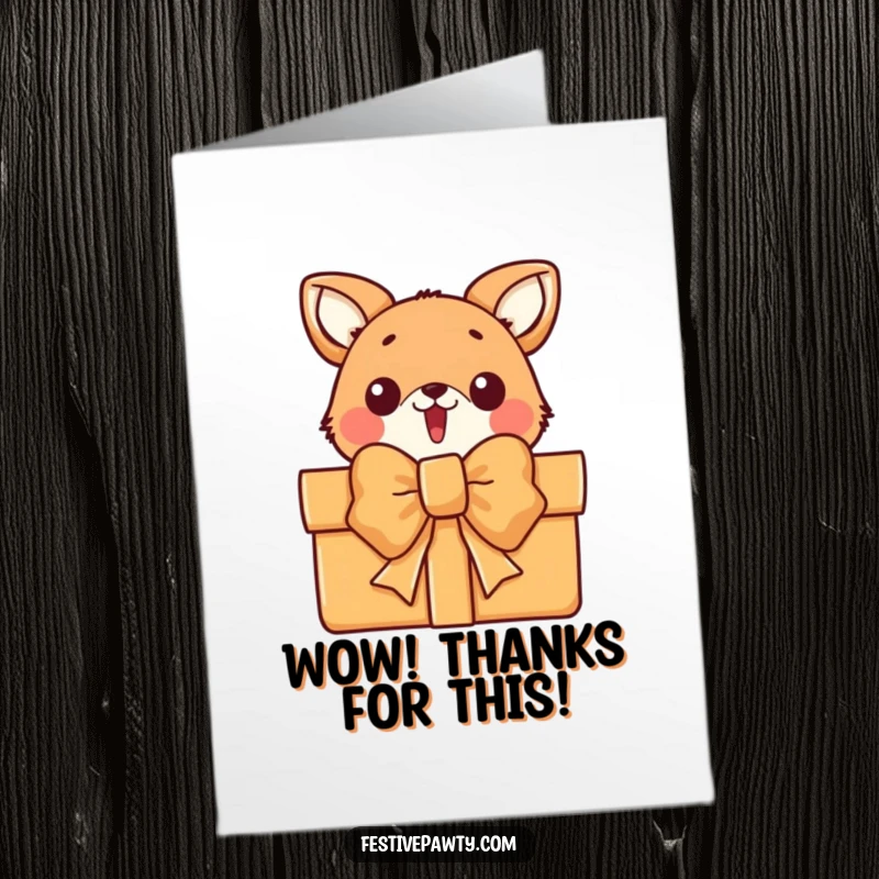 Funny Free Printable Thank You Card with a shocked animal character peeking from behind a giant, decorative gift bow.