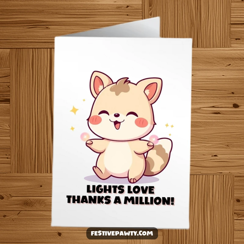 Free Printable Thank You Card: A happy animal character juggling radiant party lights, conveying thanks with a cheerful and glowing expression.