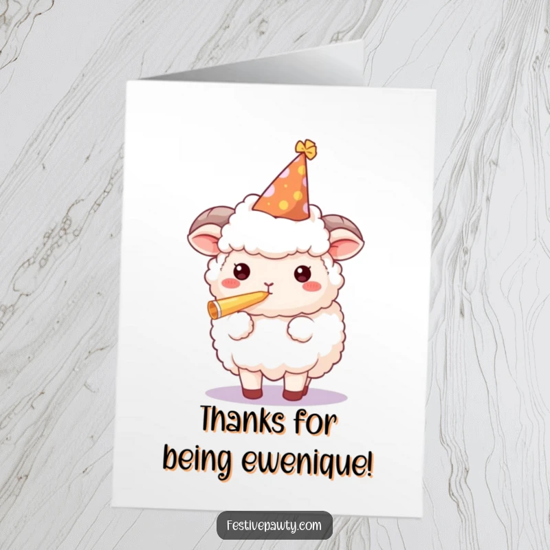 Funny Free Printable thank you card of a fluffy sheep in a party hat blowing a party horn, sending thanks.