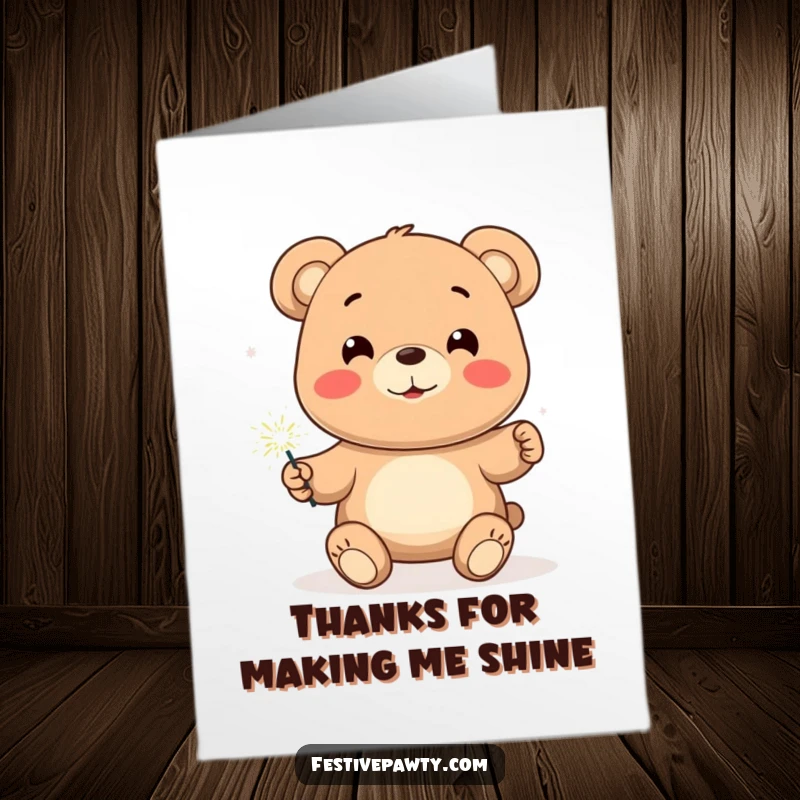 Funny Free Printable Thank You Card: Smiling bear holding a lit sparkler, expressing heartfelt thanks.