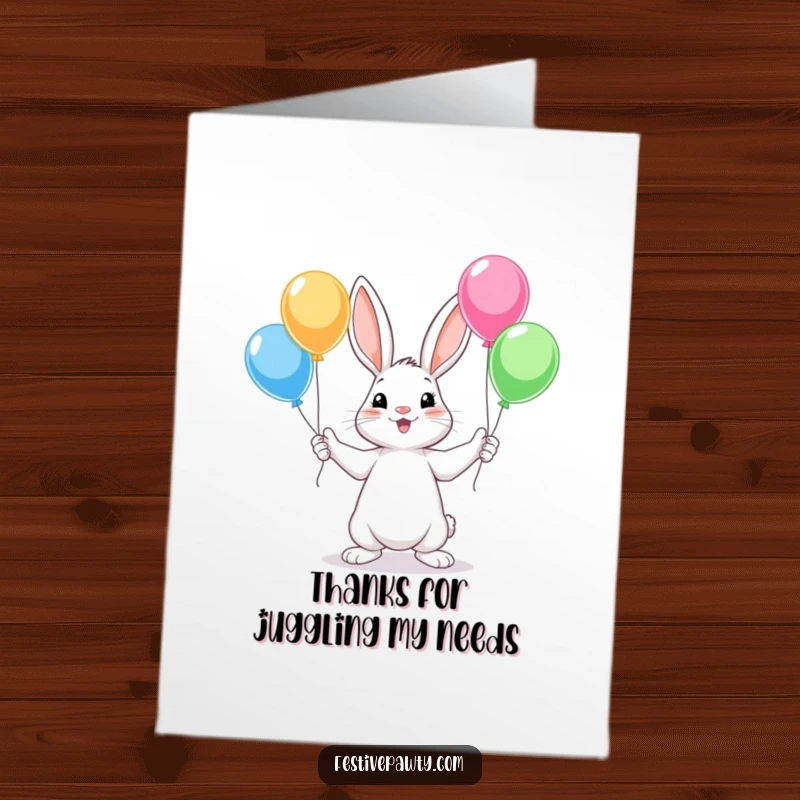 Funny Free Printable Thank You Card: Rabbit character juggling colorful balloons, expressing gratitude playfully.