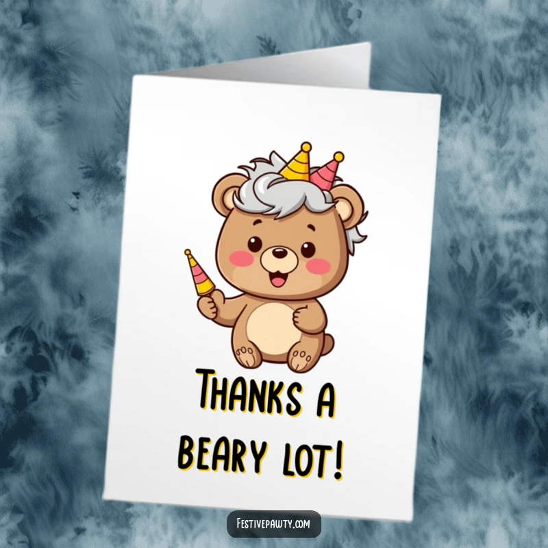 Funny Free Printable Thank You Card: A bear in a wacky wig and holding a party horn expresses thanks with pure, hilarious joy. Downloadable.
