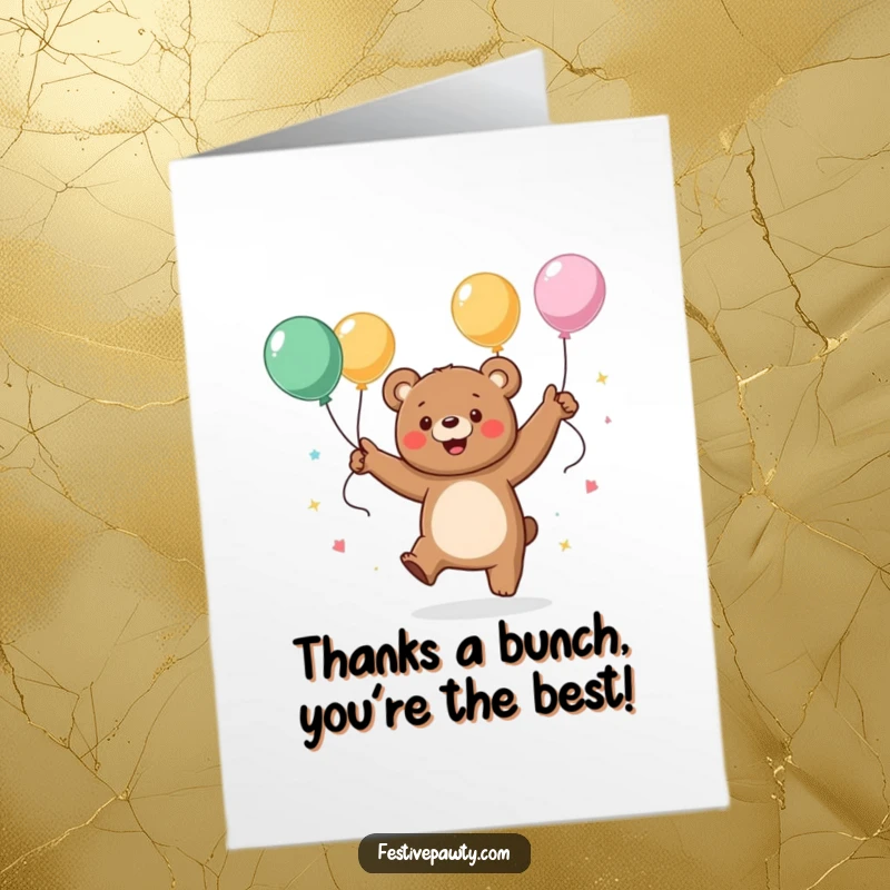 Funny Free Printable Thank You Card: A happy dancing bear surrounded by streamers, expressing big thanks with energetic charm.