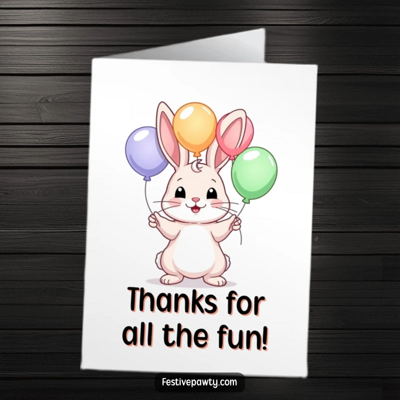 Funny Free Printable Thank You Card: A charming rabbit juggling balloons, symbolizing a heartfelt and joyful expression of gratitude.
