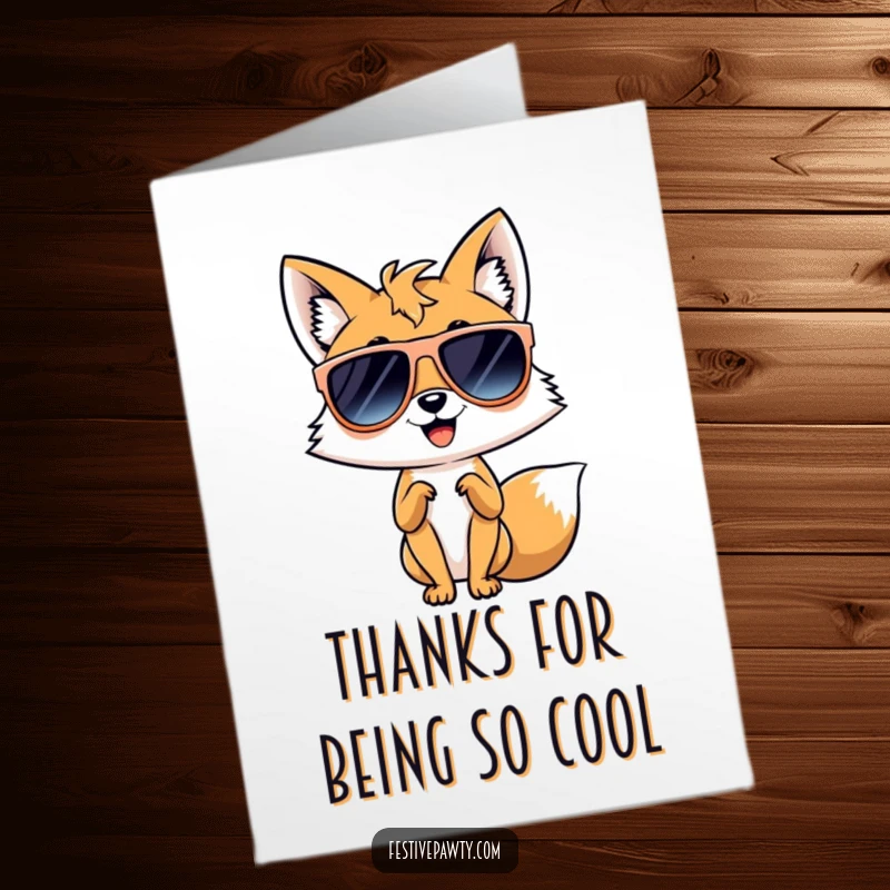 Funny free printable thank you card: a giggling fox character with oversized sunglasses strikes a perfect diva pose of gratitude.