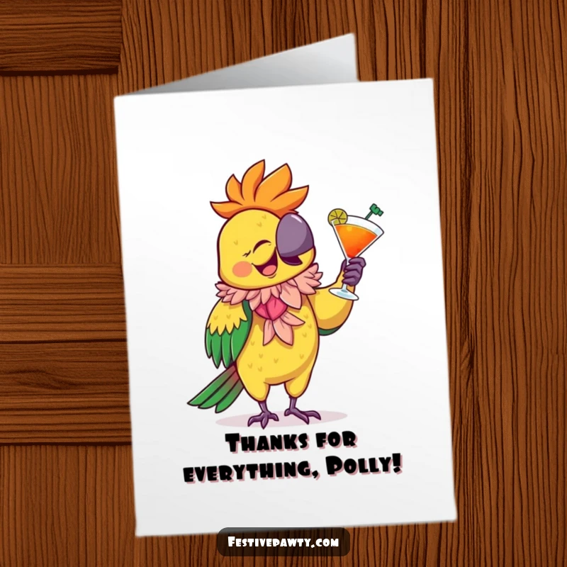 Funny Free Printable Thank You Card: A giggling parrot in a boa dances with a cocktail, conveying thanks humorously.
