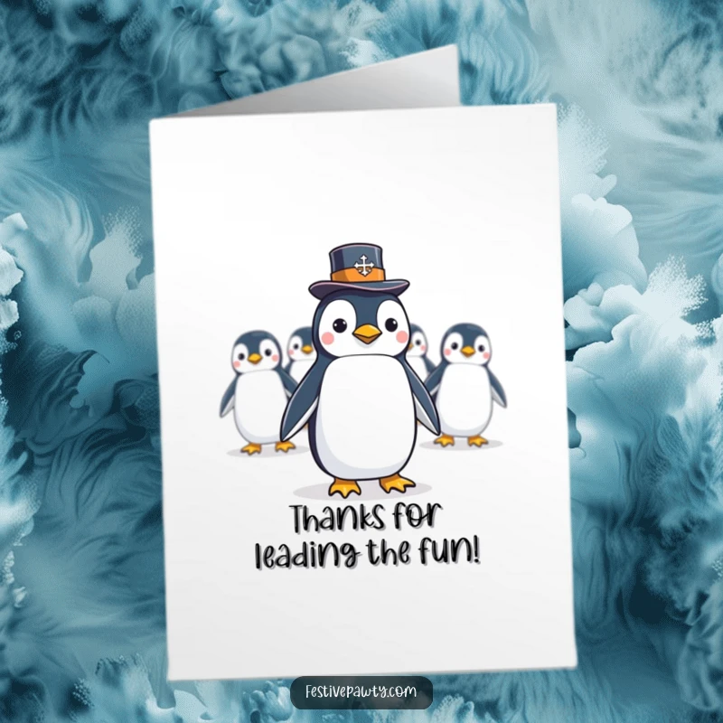 Funny Free Printable Penguin Conga Line Thank You Card: A penguin in a top hat leads a conga line, expressing heartfelt thanks with humor.
