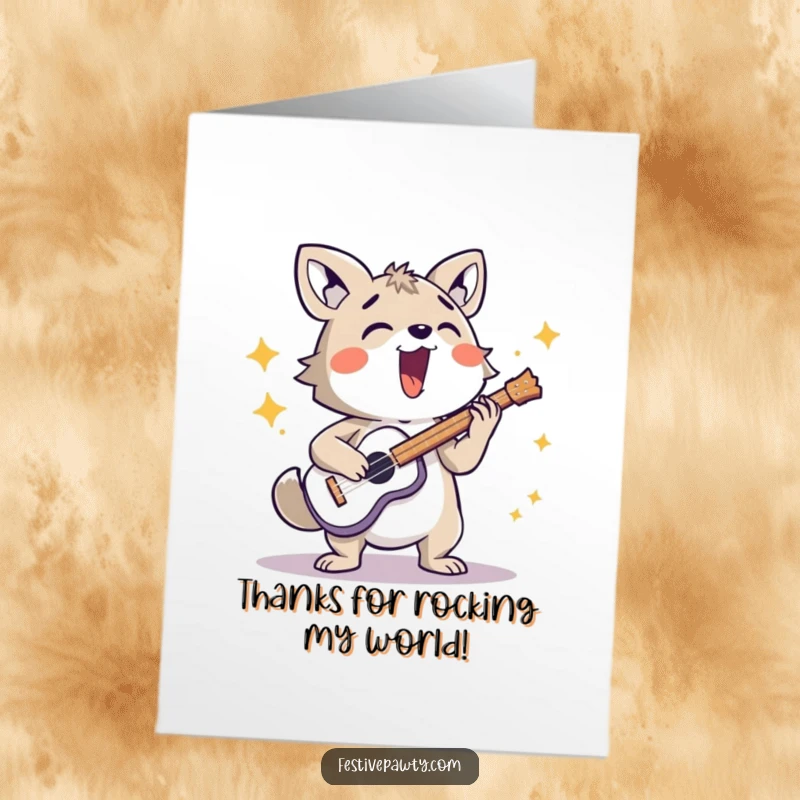 Funny Free Printable Thank You Card depicting a happy animal character enthusiastically playing a musical instrument.