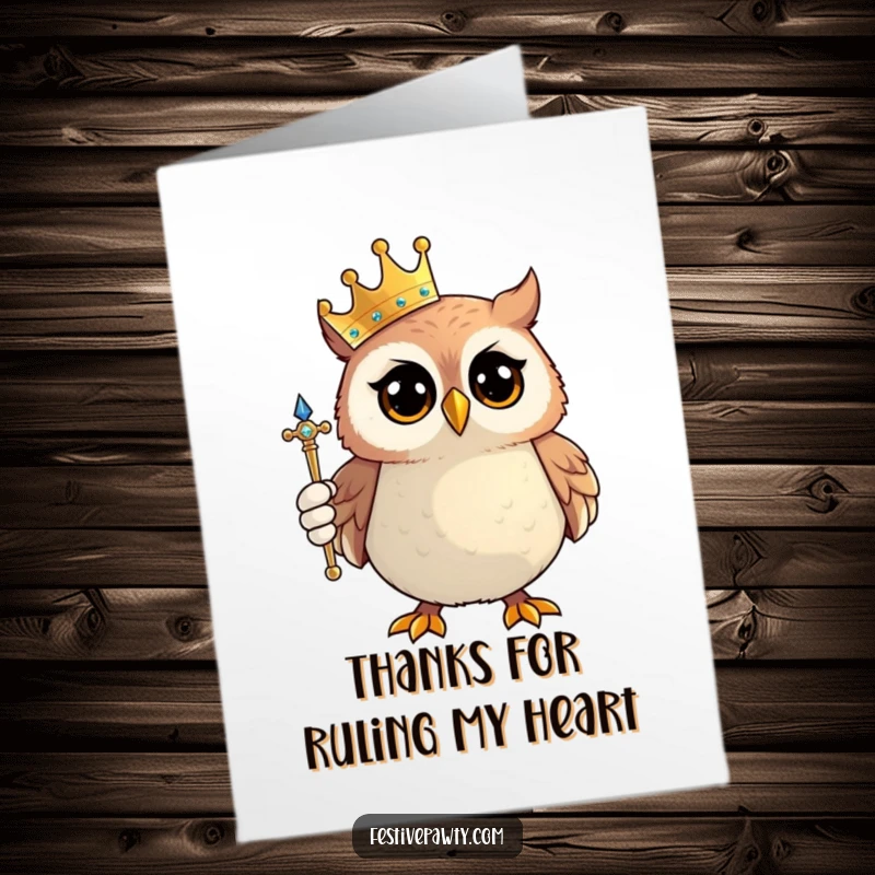 Funny Free Printable Thank You Card: A proud owl wearing a miniature crown and holding a sparkling scepter, conveying thanks.