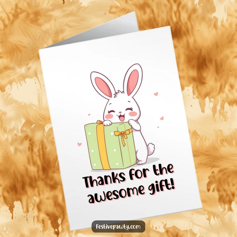 Funny Free Printable Thank You Card: Overjoyed rabbit holding a massive gift, conveying immense gratitude.