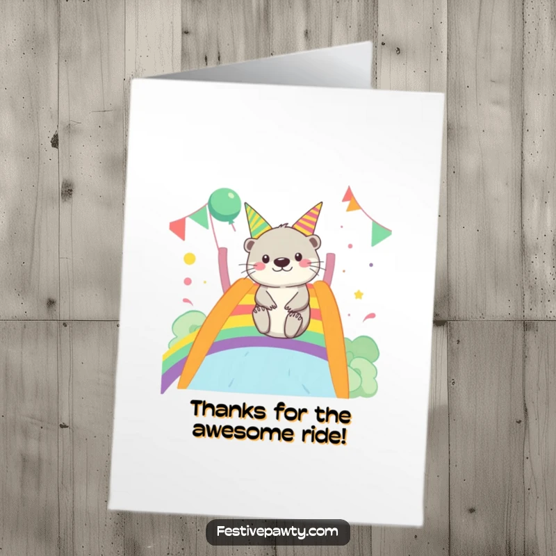 Funny Free Printable Thank You Card with a happy otter sliding down a rainbow, a delightful way to convey thanks.