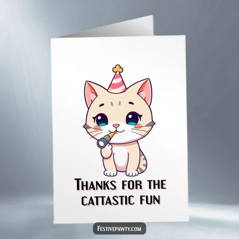 Funny Free Printable Cat Thank You Card, a cheerful cat in a party hat blowing a noisemaker, sending fun thanks.
