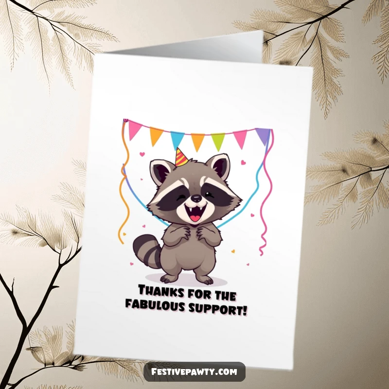 Funny Free Printable Thank You Card showing a raccoon looking stressed while balancing streamers, a humorous take on gratitude.