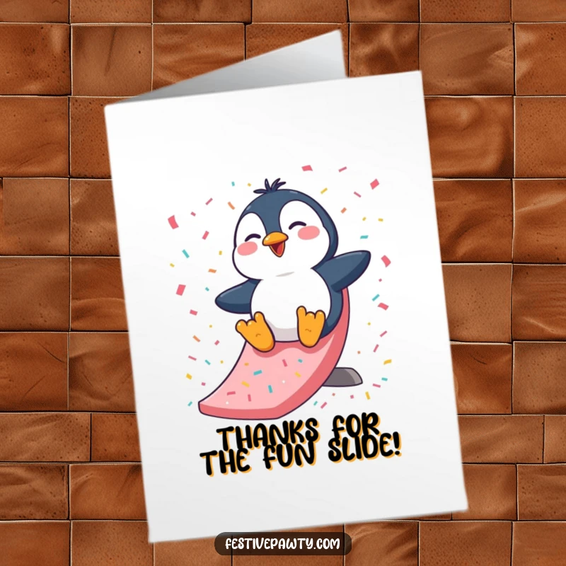 Funny Free Printable Thank You Card: A giggling penguin slides down a confetti-covered slide, expressing thanks joyfully.