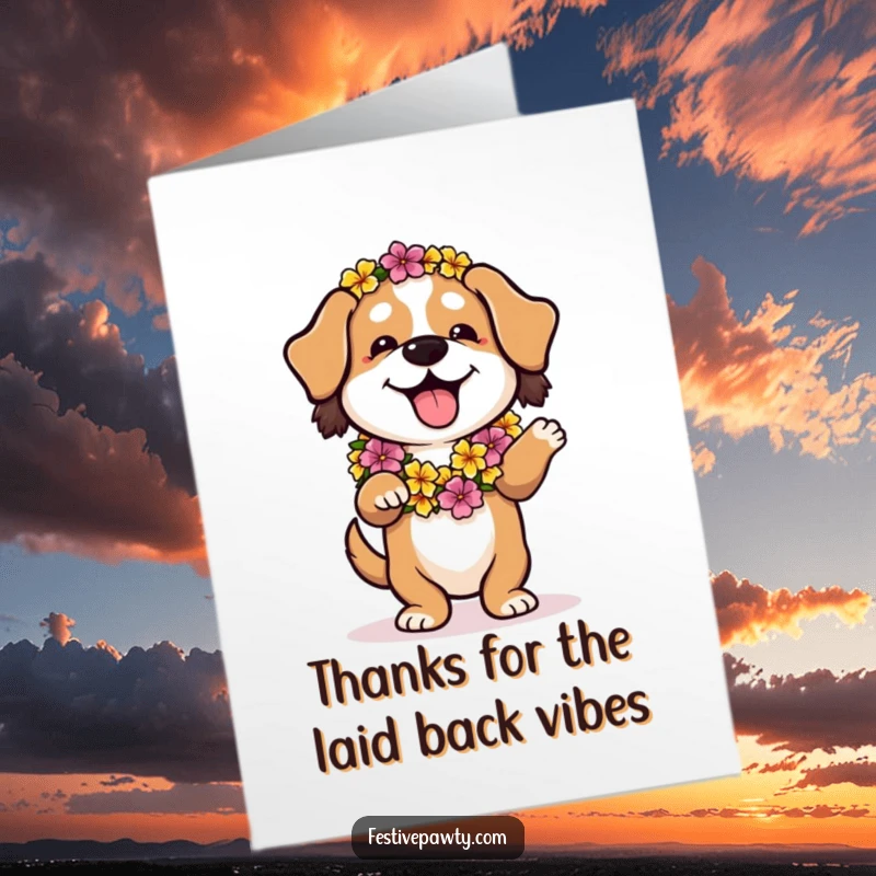 Funny free printable thank you card of a playful dog wearing a flower lei, doing a relaxed hula dance to convey thanks.
