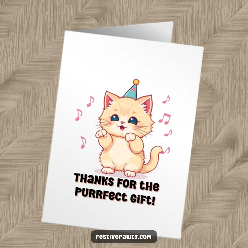 Funny Free Printable Thank You Card: Fluffy kitten maestro conducting musical notes, conveying thanks with a comical flair.