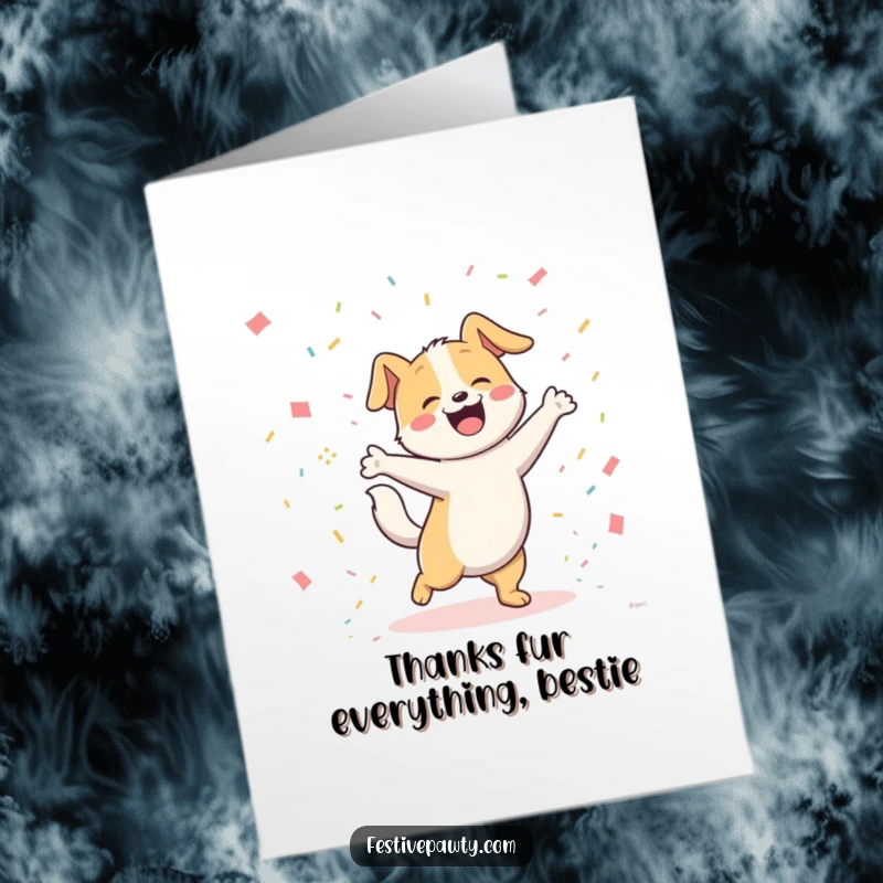Funny Free Printable Thank You Card featuring a joyful dog dancing enthusiastically with its tail going wild, surrounded by confetti.