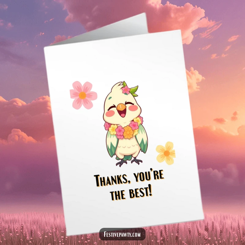 Funny Free Printable Thank You Card: A giggling parrot wearing a festive lei offers a cheerful aloha and thank you.