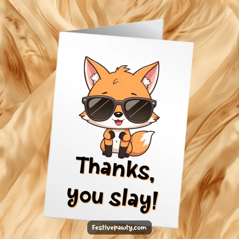 Free Printable Thank You Card: A fashionable fox wearing oversized sunglasses in a diva pose, conveying thanks with undeniable style.