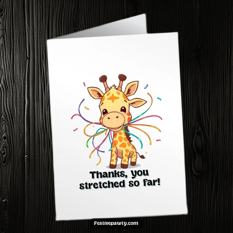 Funny Free Printable Thank You Card: A giggling giraffe tangled in streamers, expressing thanks playfully, a downloadable gift.