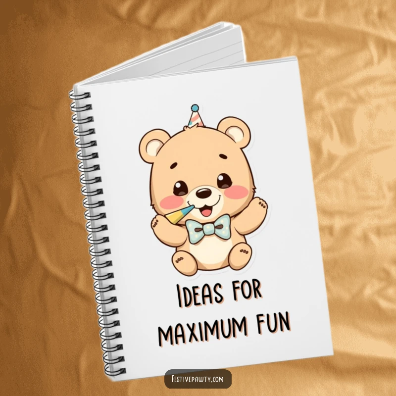 Funny notebook cover featuring a bear cub in a bowtie, joyfully blowing a party horn, encouraging fun note-taking.