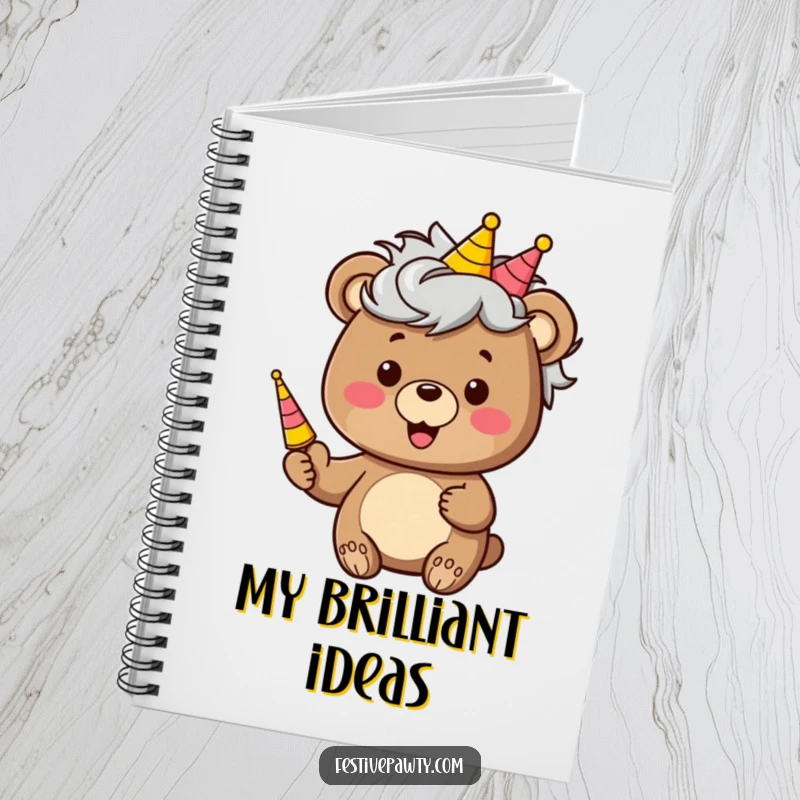 Funny notebook with a happy bear character wearing a silly wig and holding a party horn, designed for jotting down fun ideas.