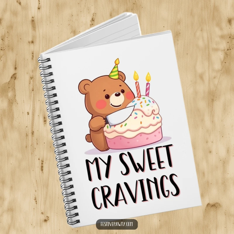 Funny notebook cover with a beaming bear character slicing a festive birthday cake, ready to capture brilliant party ideas.