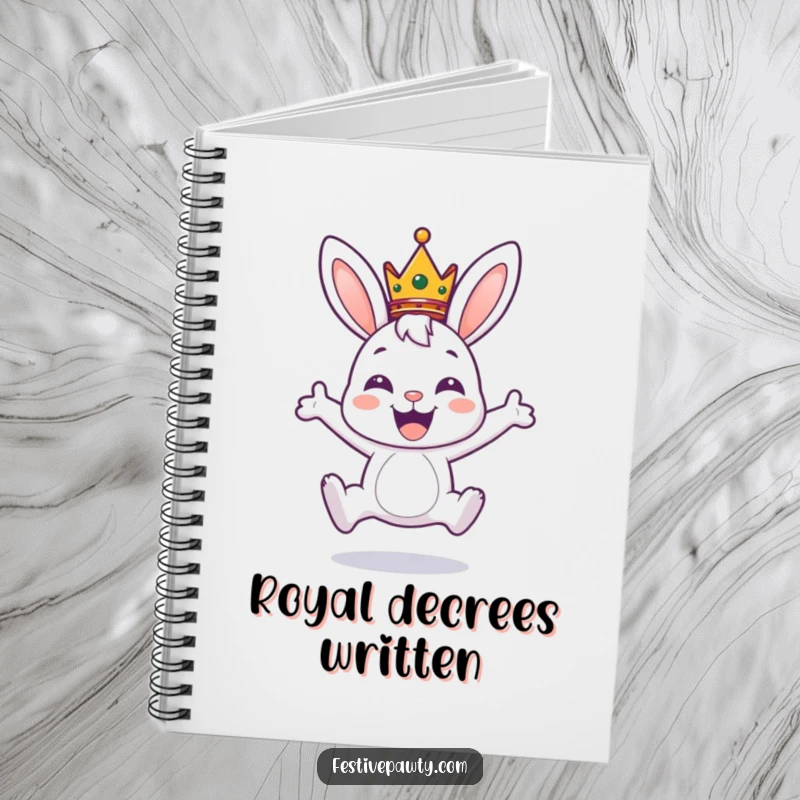 Funny notebook with a joyful bunny wearing a crown, leaping with excitement, ideal for journaling royal thoughts or daily musings.