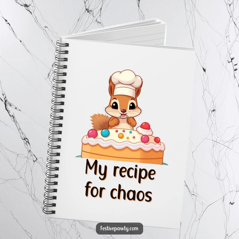 Funny notebook with a mischievous squirrel in a chef hat, decorating a huge cake, great for recipe ideas.