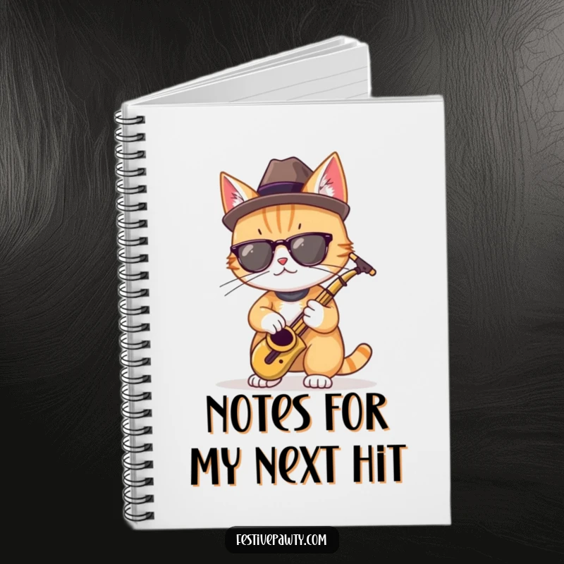 Funny notebook with a cool cat in a fedora, playing a miniature saxophone, great for music ideas.