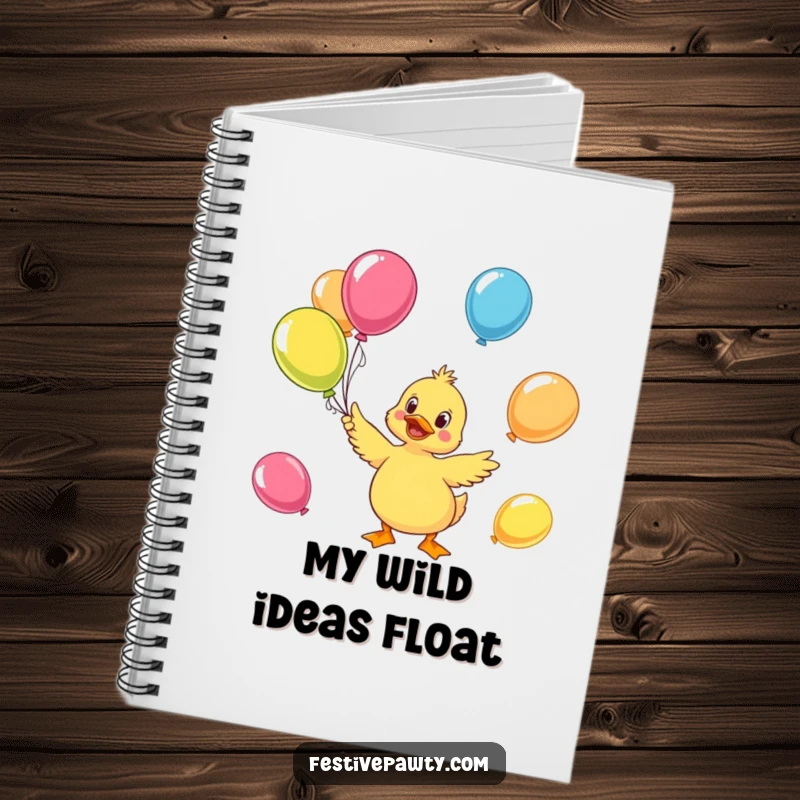 Funny duck notebook featuring a cheerful character juggling colorful balloons, great for notes, plans, or creative ideas.