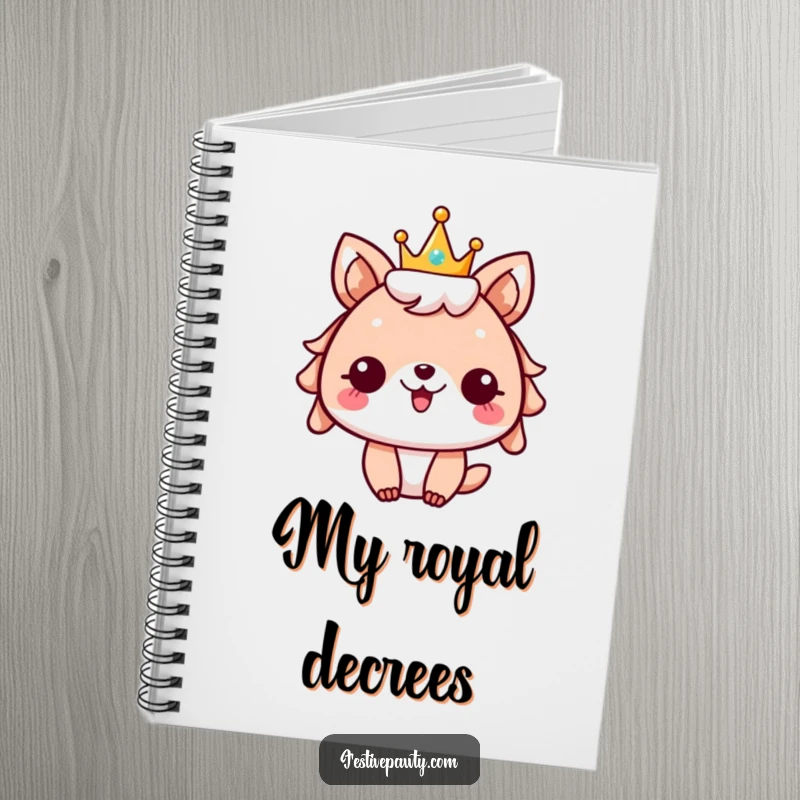 Funny festive animal notebook cover, character wearing a sparkly crown, cheering with excitement, ready for jotting down festive notes.