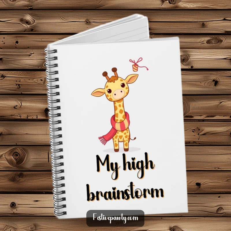 Funny Giraffe Notebook: A giraffe wearing a scarf reaches for a streamer, perfect for jotting down festive ideas or party plans.