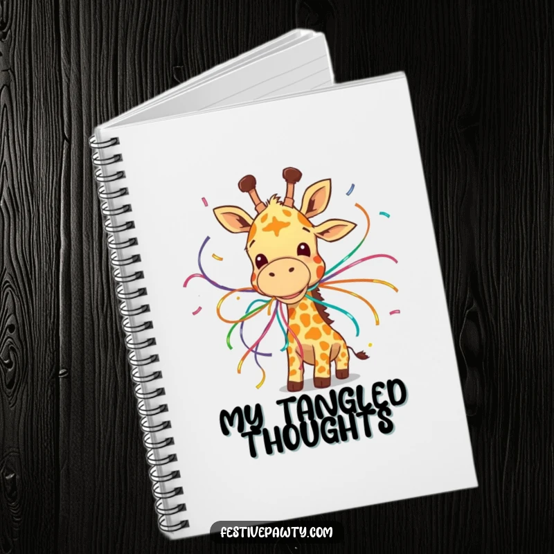 Funny notebook with a giggling giraffe comically entangled in colorful streamers, perfect for jotting down party plans.