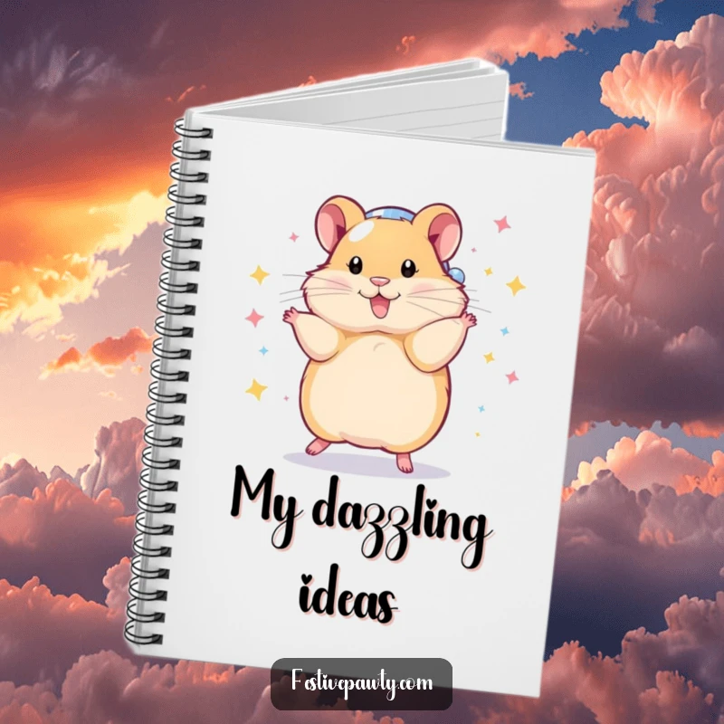 Funny Notebook featuring a playful hamster in a shiny disco ball costume, doing a dazzling spin, ideal for capturing ideas and inspiration.