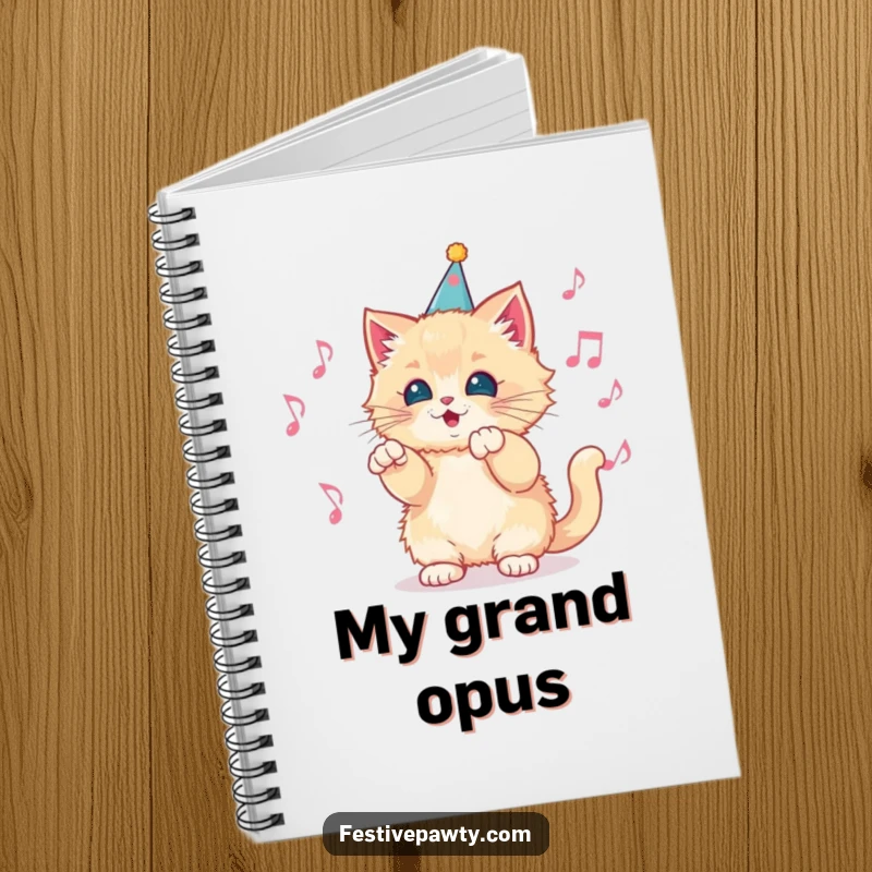 Funny Notebook with a fluffy kitten wearing a party hat, conducting a vibrant orchestra of musical notes, ideal for journaling and creativity.