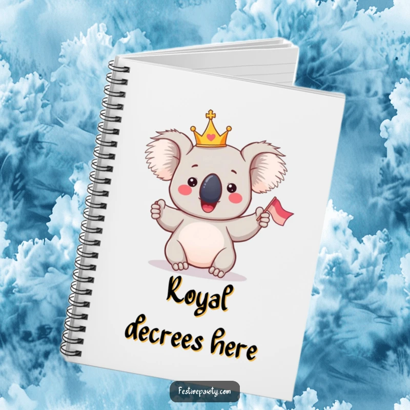 Funny Koala King Notebook: A giddy koala in a tiny crown, waving a flag, perfect for noting down royal decrees and ideas.